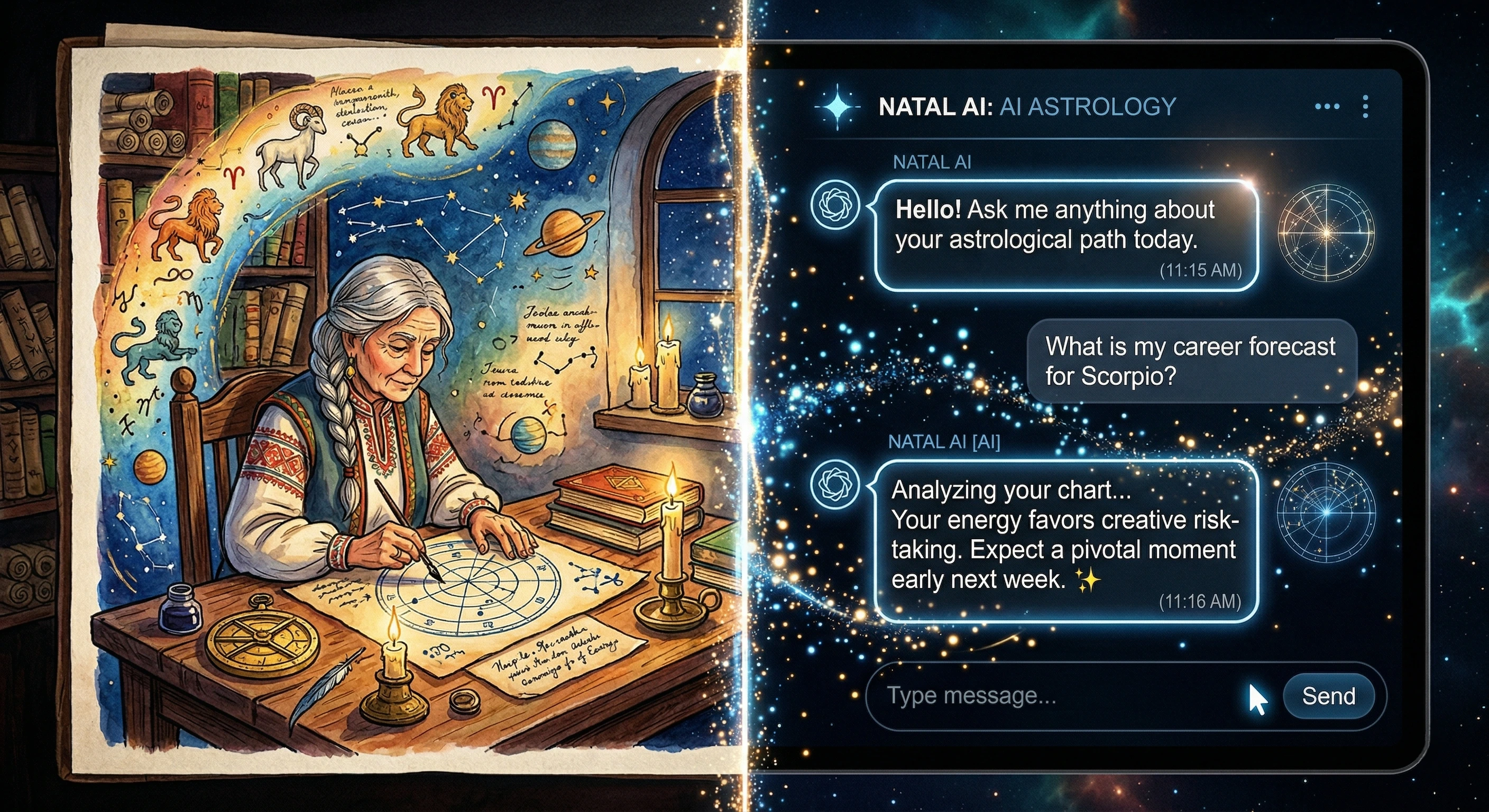 A side-by-side comparison of a colorful app UI and a clean AI chat interface