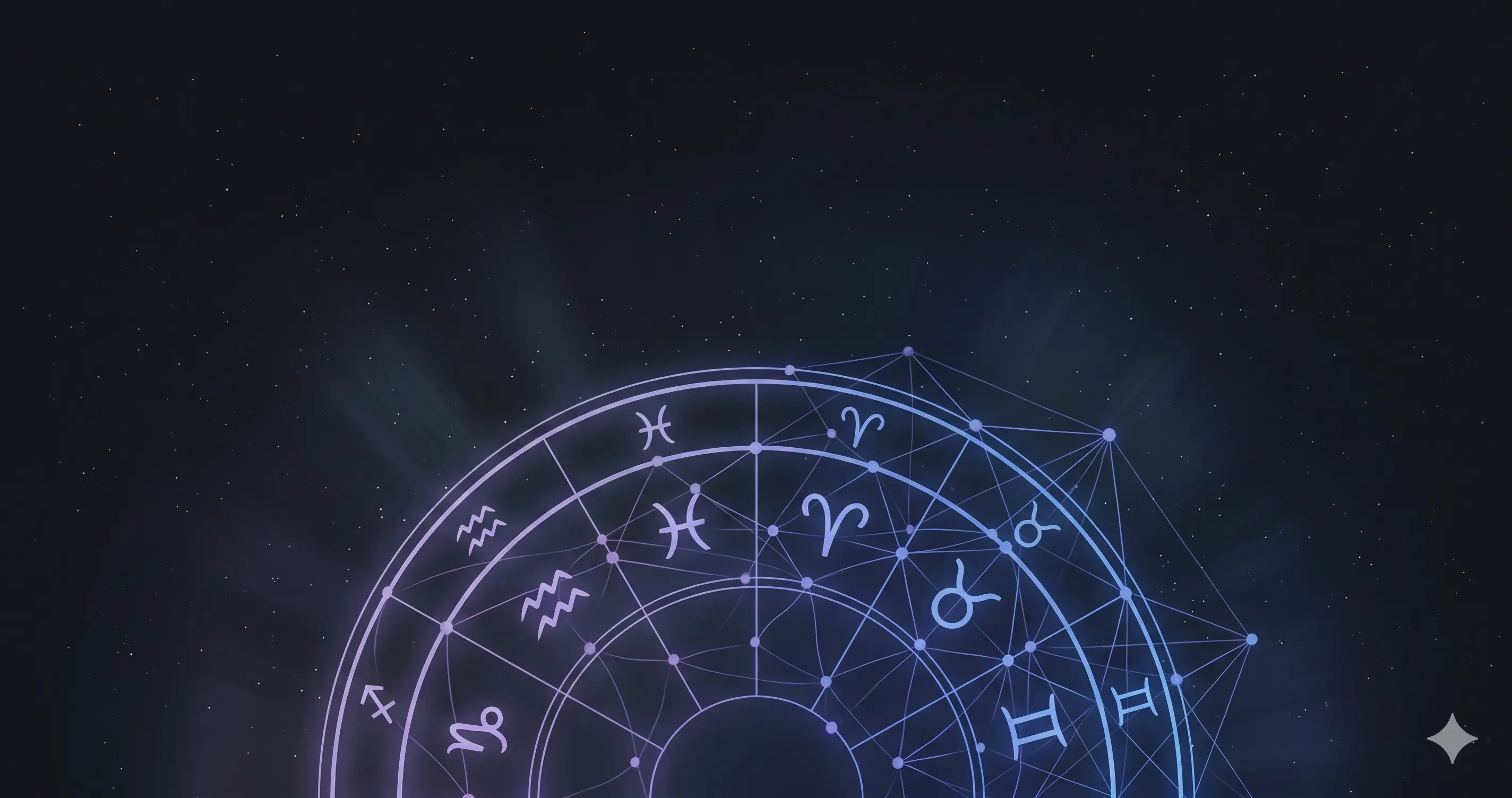 A glowing natal chart interwoven with a delicate neural-network structure of nodes and lines