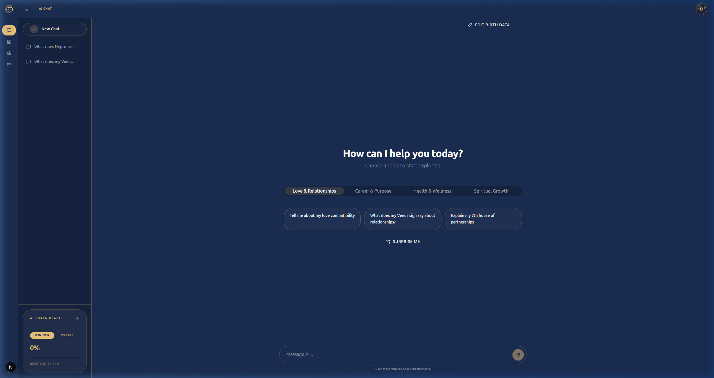 Chat welcome screen with topic categories